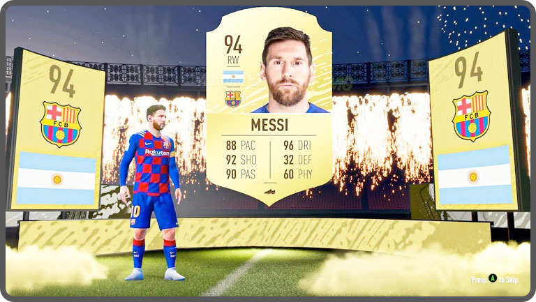 Screenshot of Lionel Messi on Fifa 2020 Ultimate Team loot box