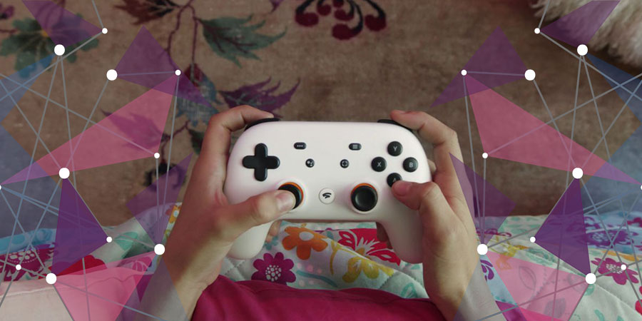 Close up of new Google Stadia controller in use