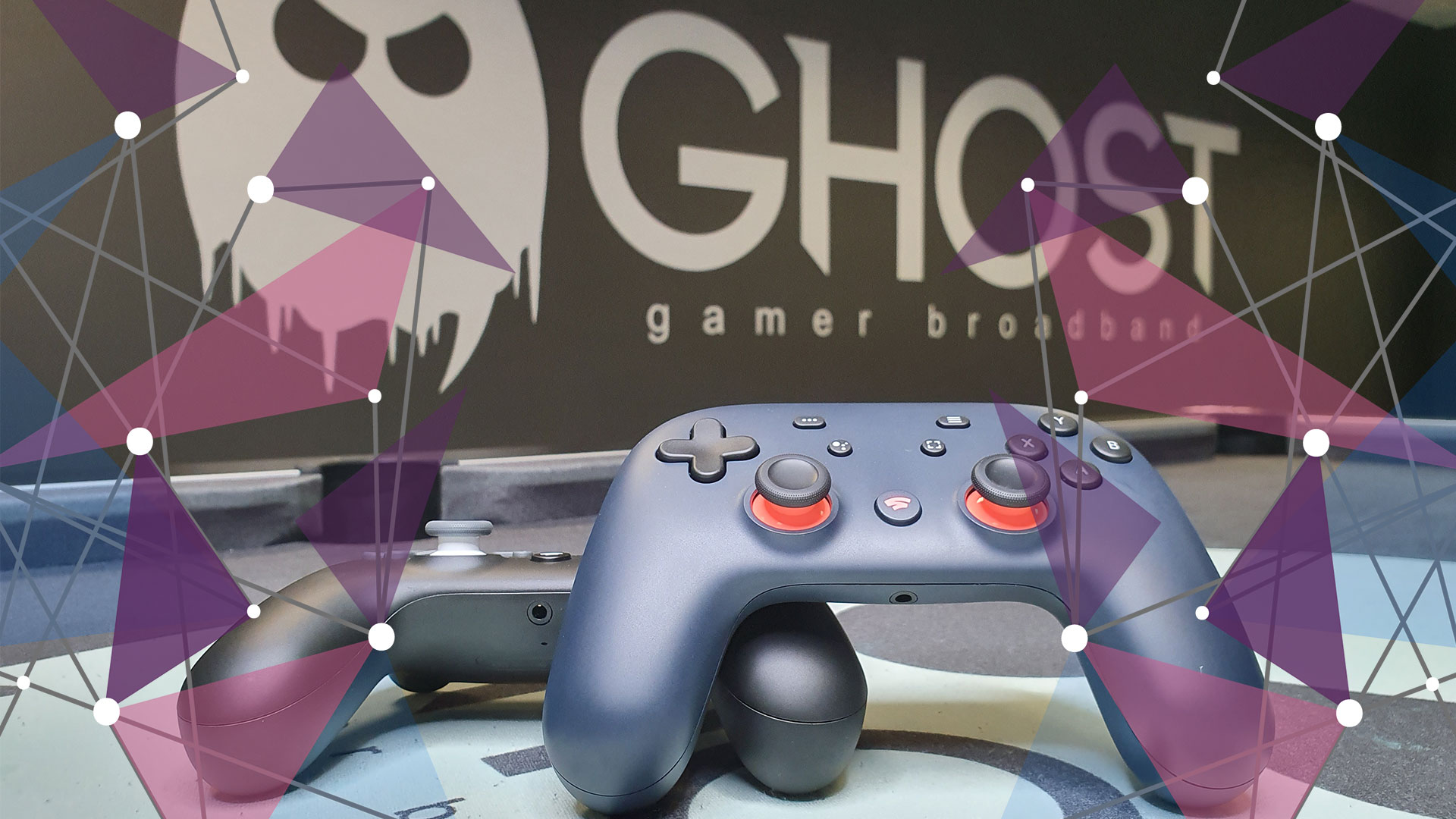 Google Stadia controller in midnight blue in Ghost Gamer Broadband offices