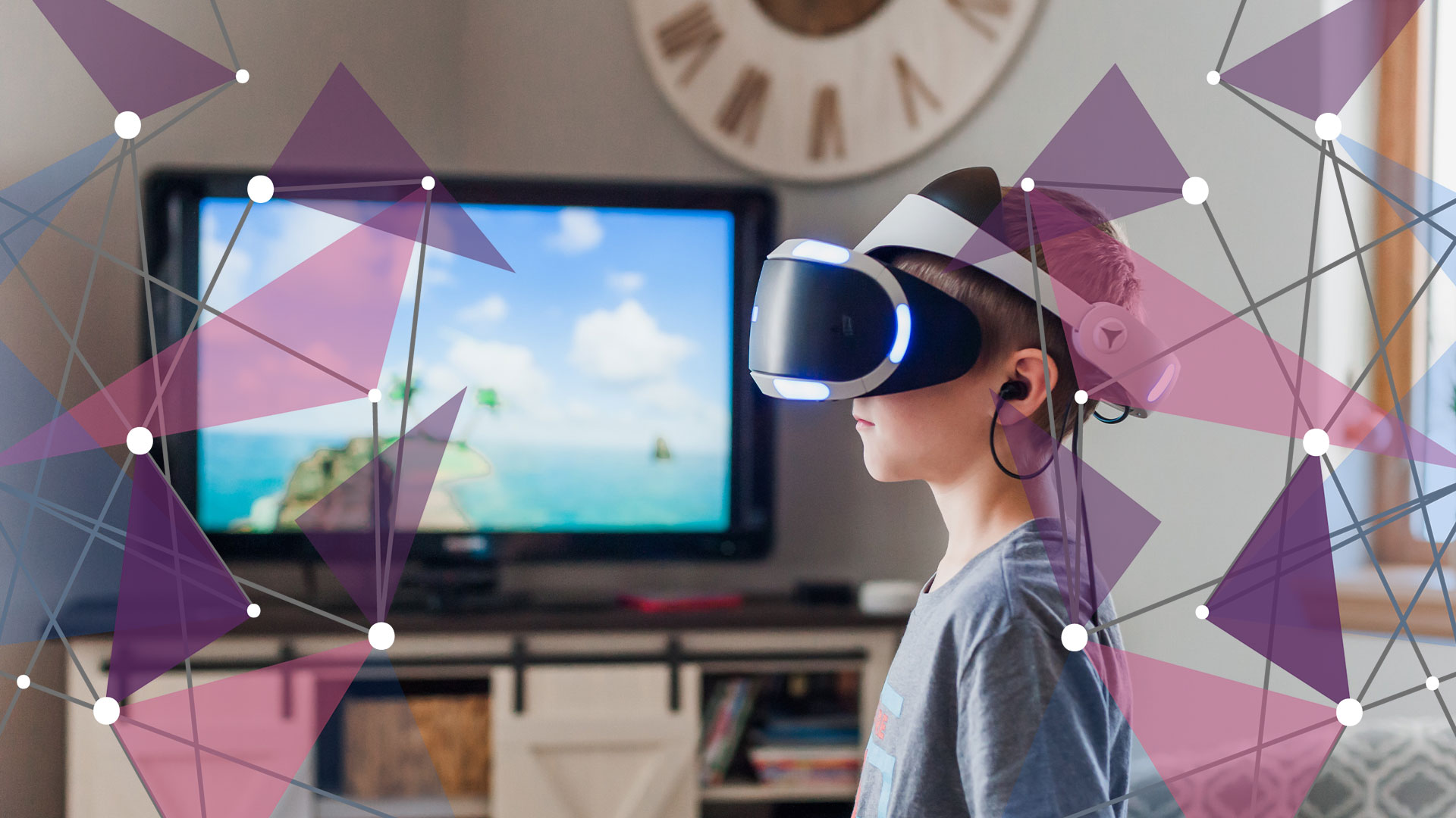 Child wearing VR headset for online gaming